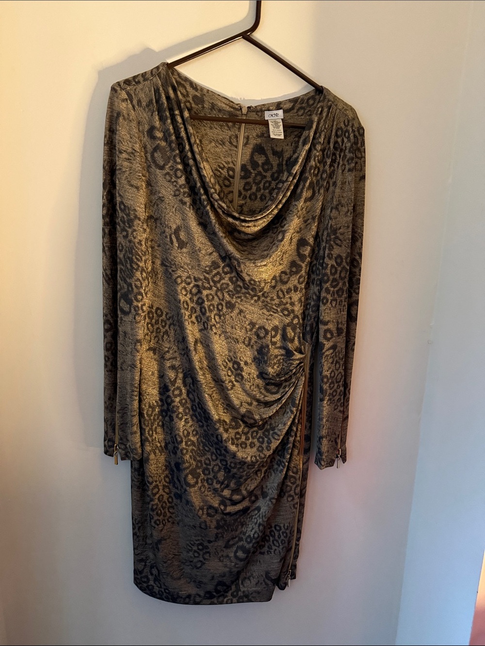 C&C California Metallic Gold & Black Leopard Cowl-Neck Long Sleeve Dress